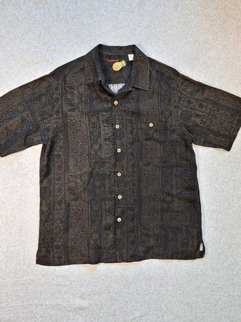 Caribbean Men's Hawaiian Button Down Silk Blend Short Sleeve Shirt Black Size M